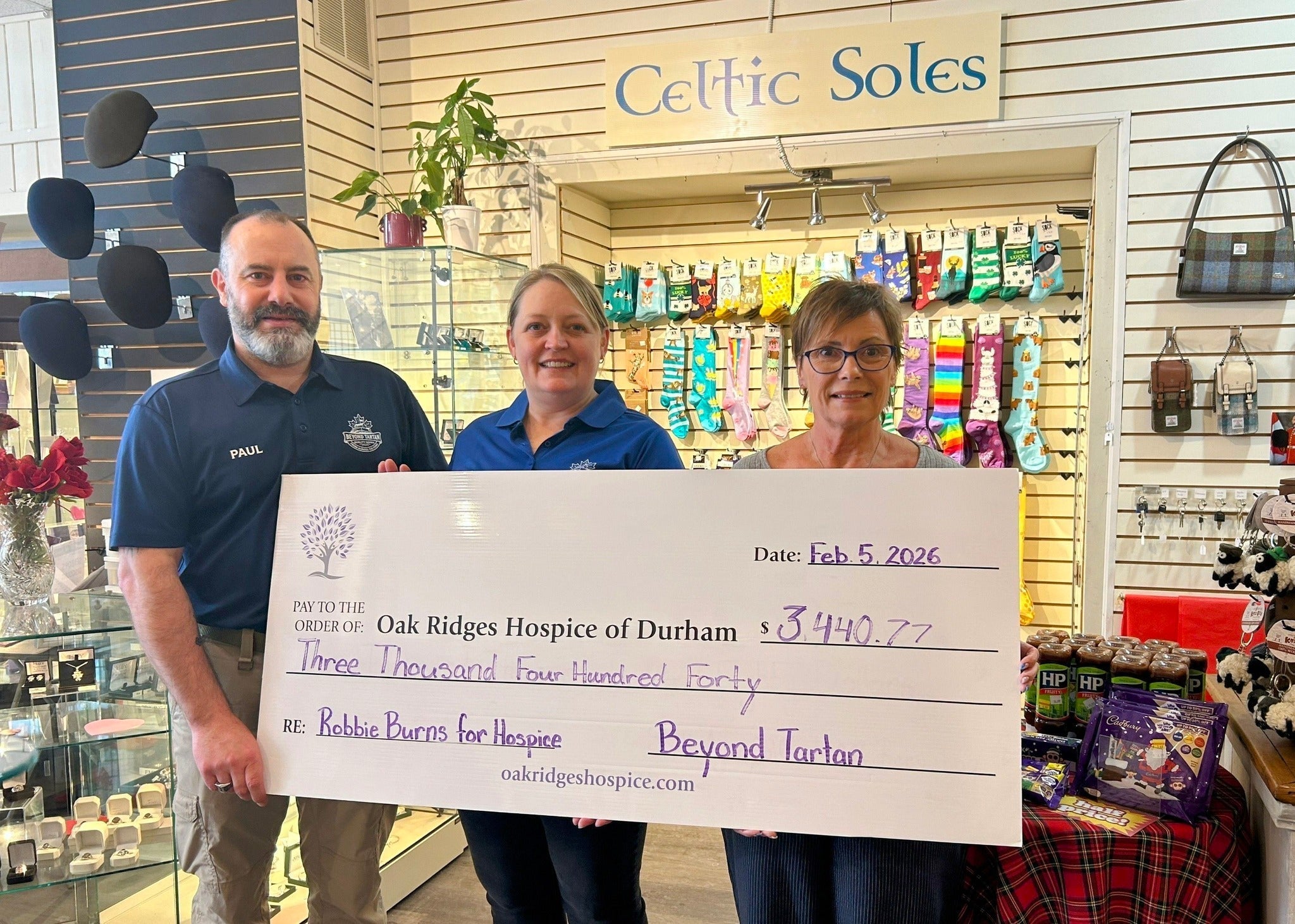 Beyond Tartan Presents Cheque to Oak Ridges Hospice Following Robbie Burns Charity Dinner