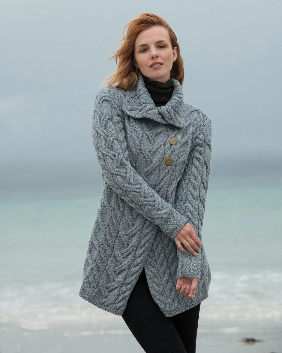Aran 'Ocean Grey' 3-Button Cardigan