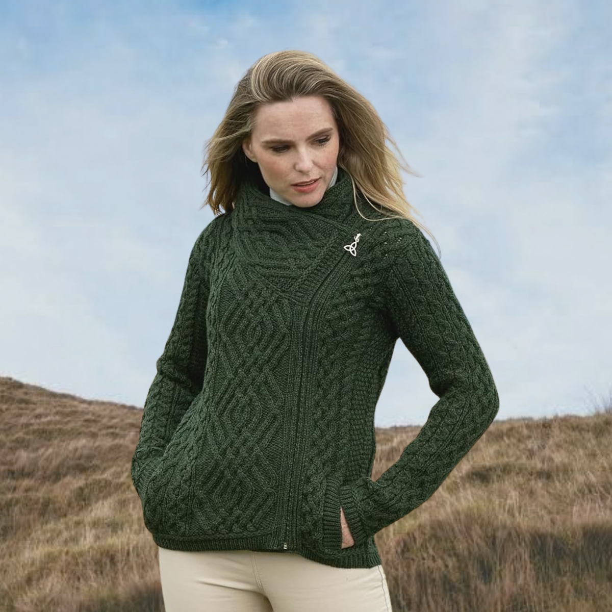 Cable Knit Side Zip Cardigan - Army Green