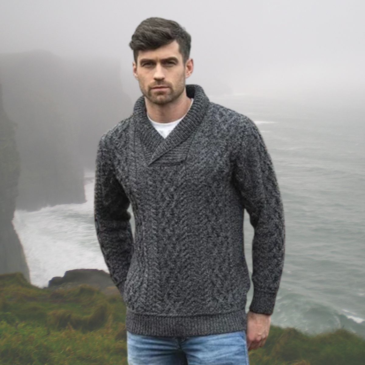 Aran 'Charcoal' Shawl Collar