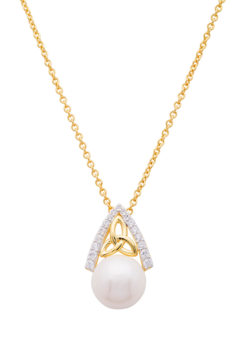 14KT Gold Vermeil Trinity Knot Pearl Pendant Studded with White Cubic Zirconia