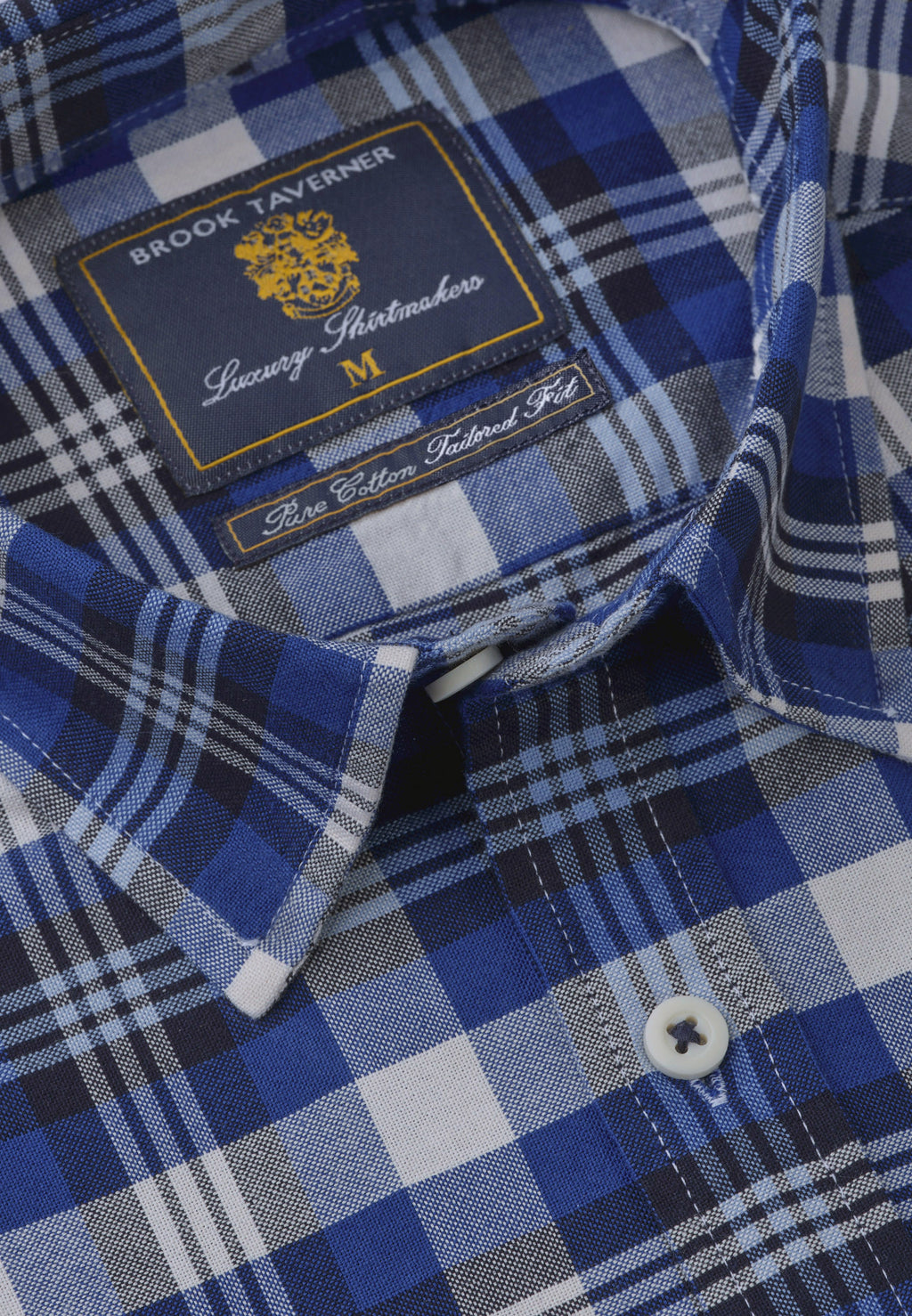 Navy, Blue and White Check Washed Cotton Oxford Shirt