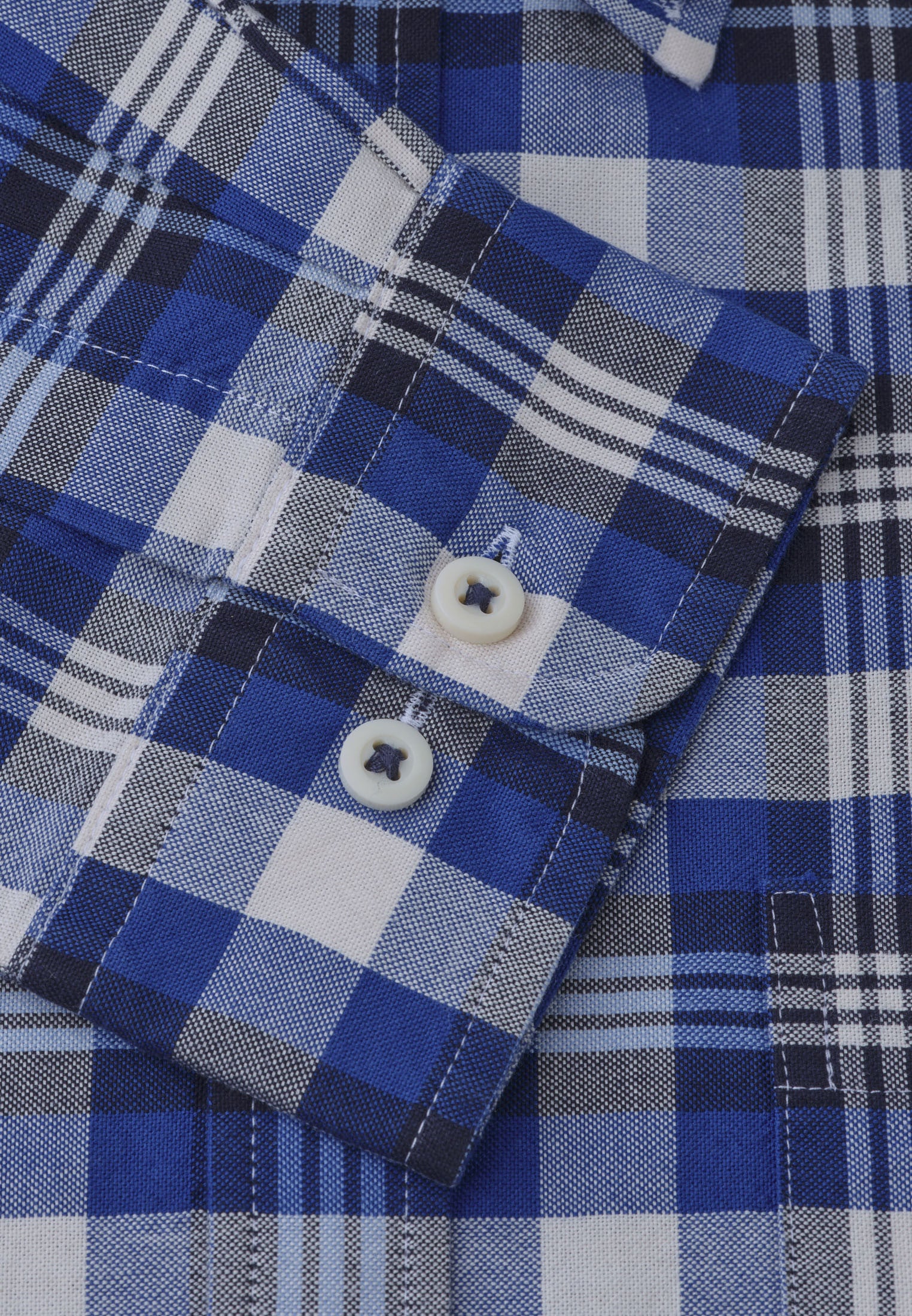 Navy, Blue and White Check Washed Cotton Oxford Shirt