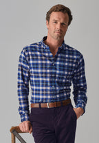 Navy, Blue and White Check Washed Cotton Oxford Shirt