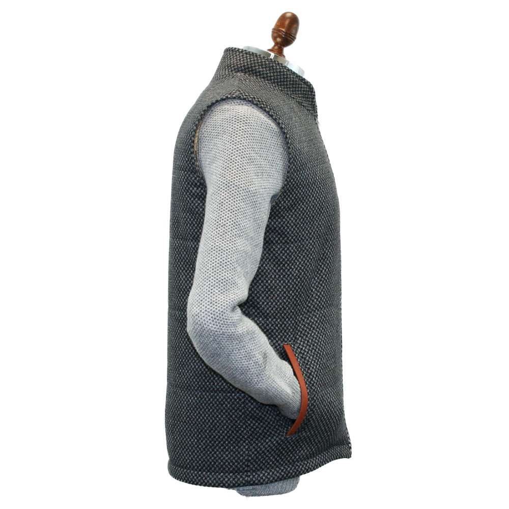 Griffin Dark Grey with Light Grey Diamond Pattern Tweed Body Warmer with Leather Trims